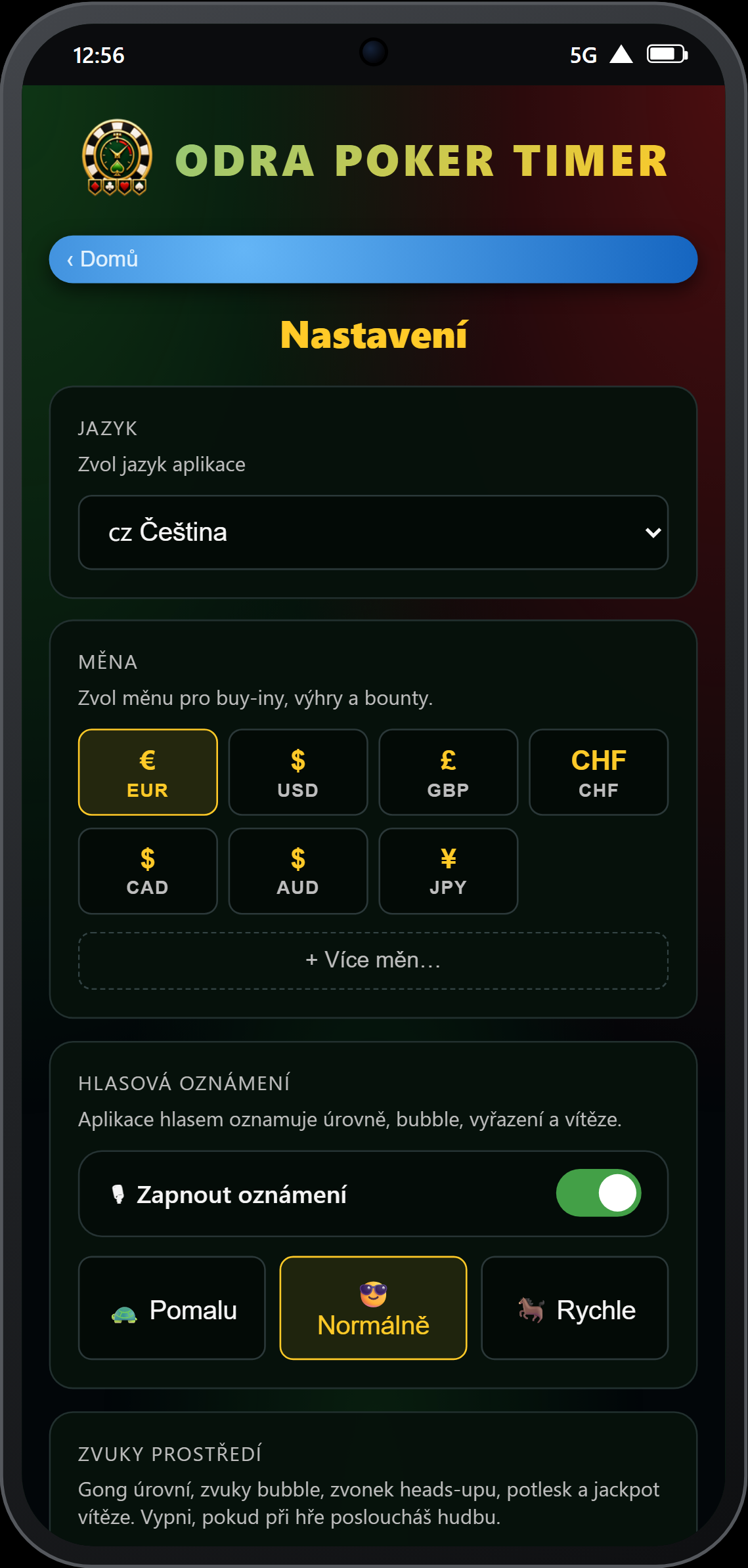 Nastavení — přepínač hlasových oznámení a rychlost
