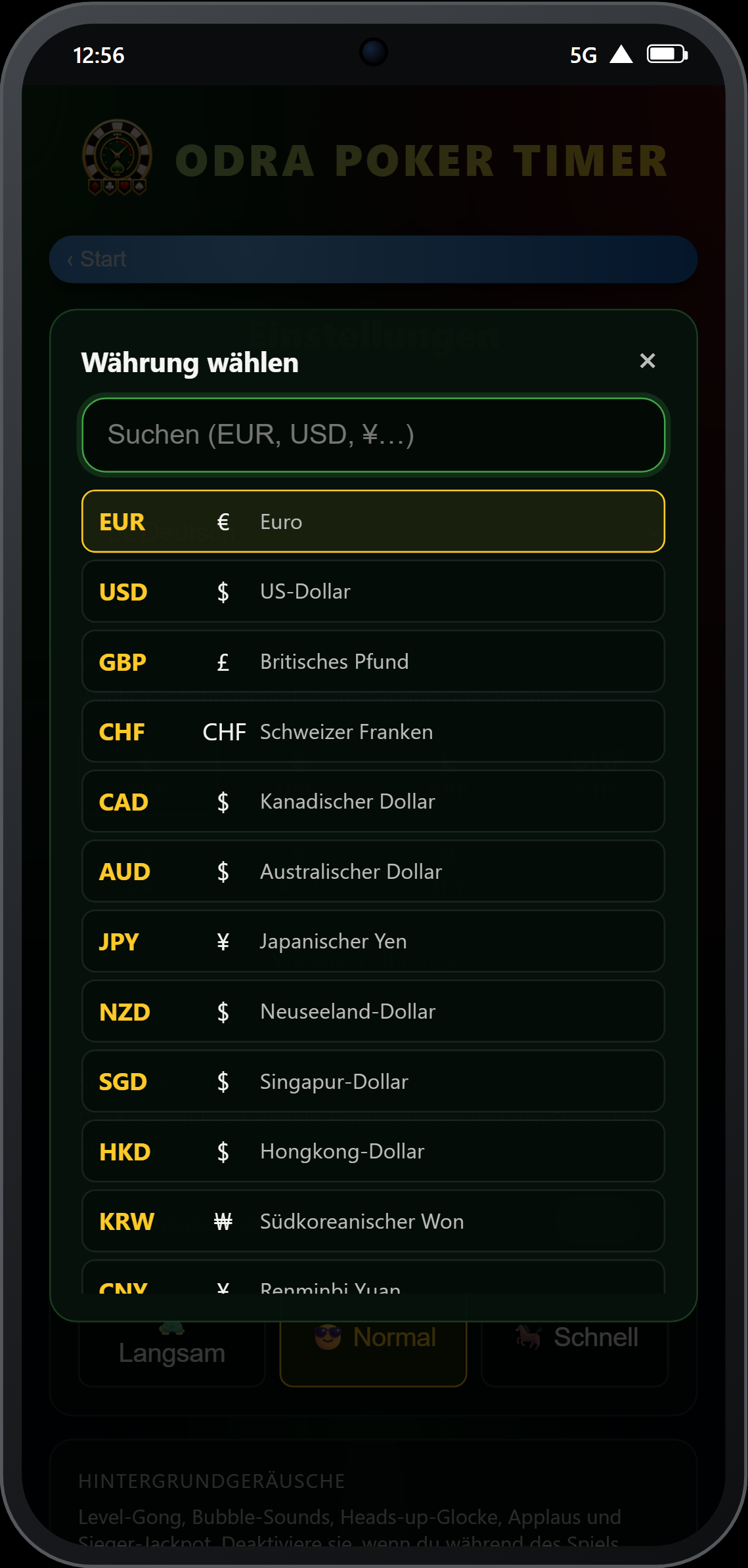 Währungsauswahl in den Einstellungen
