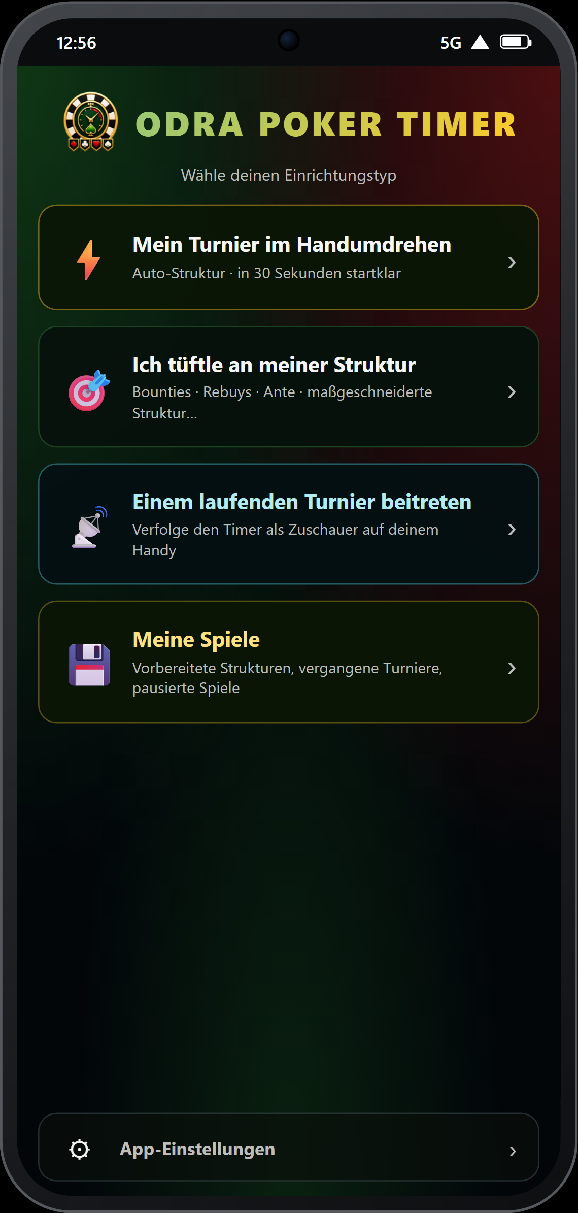 Startbildschirm — 4 Aktionskacheln