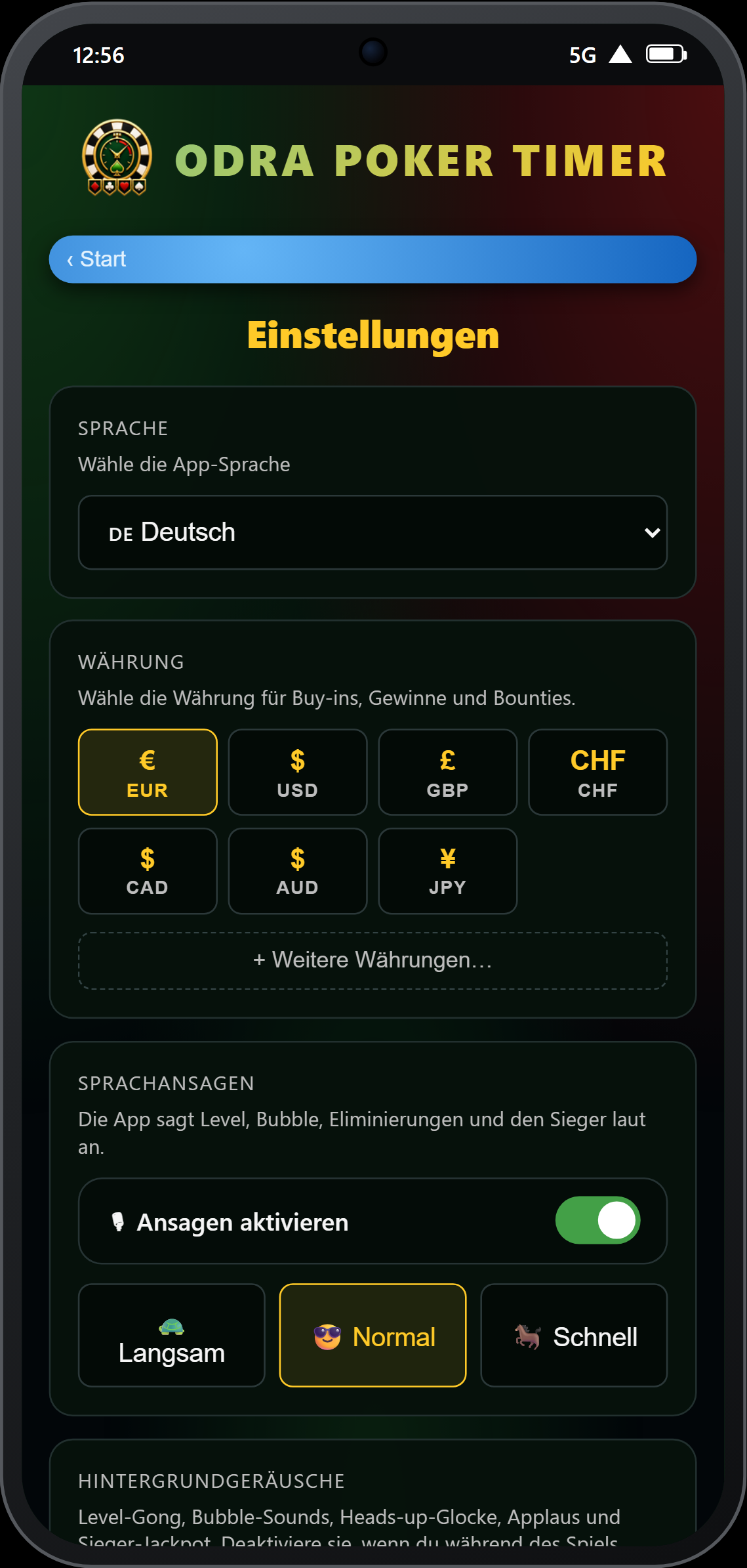Einstellungen — Schalter für Sprachansagen und Geschwindigkeit