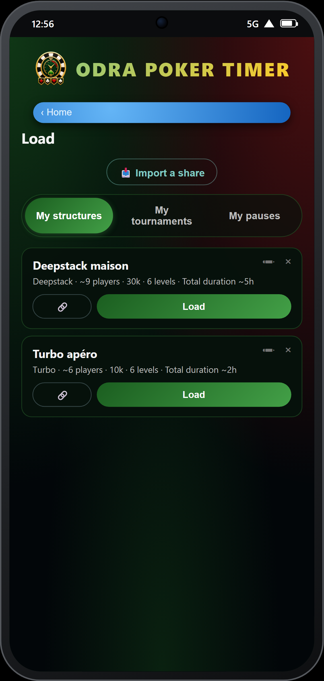 Load page — 3 tabs: structures, tournaments, paused games