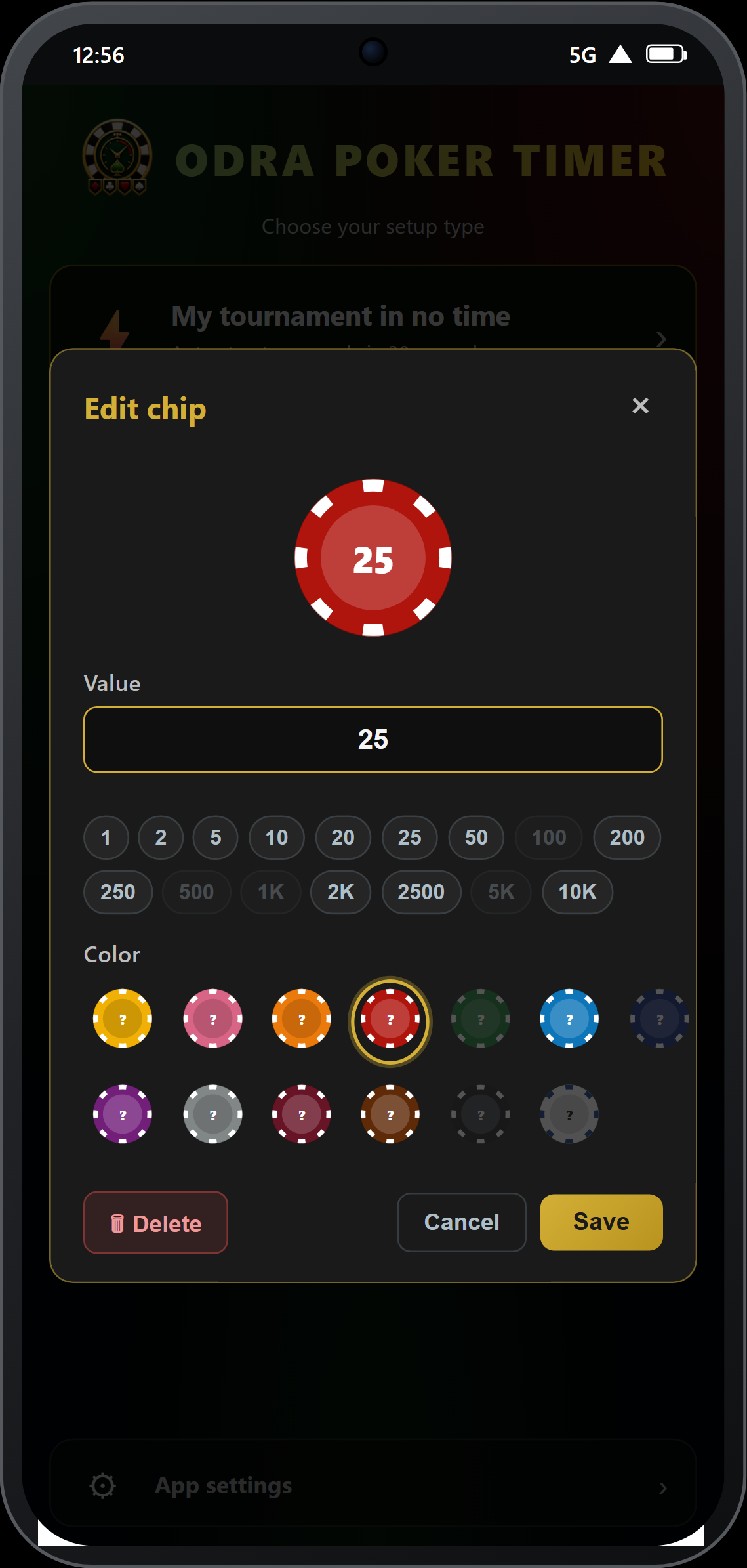 Chip editor — free value and 13 colors available