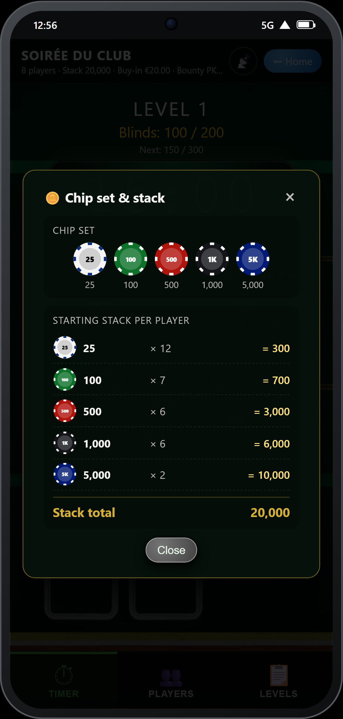Viewing the chip set and the starting stack during the tournament