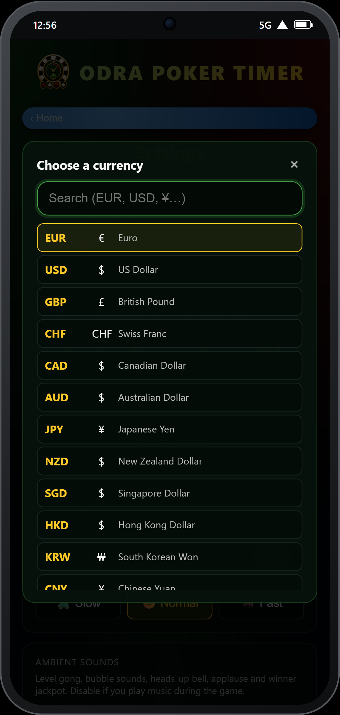 Currency selector in settings