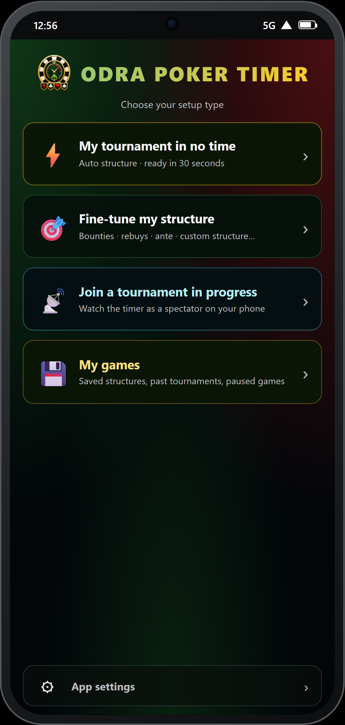 Home screen — 4 action tiles