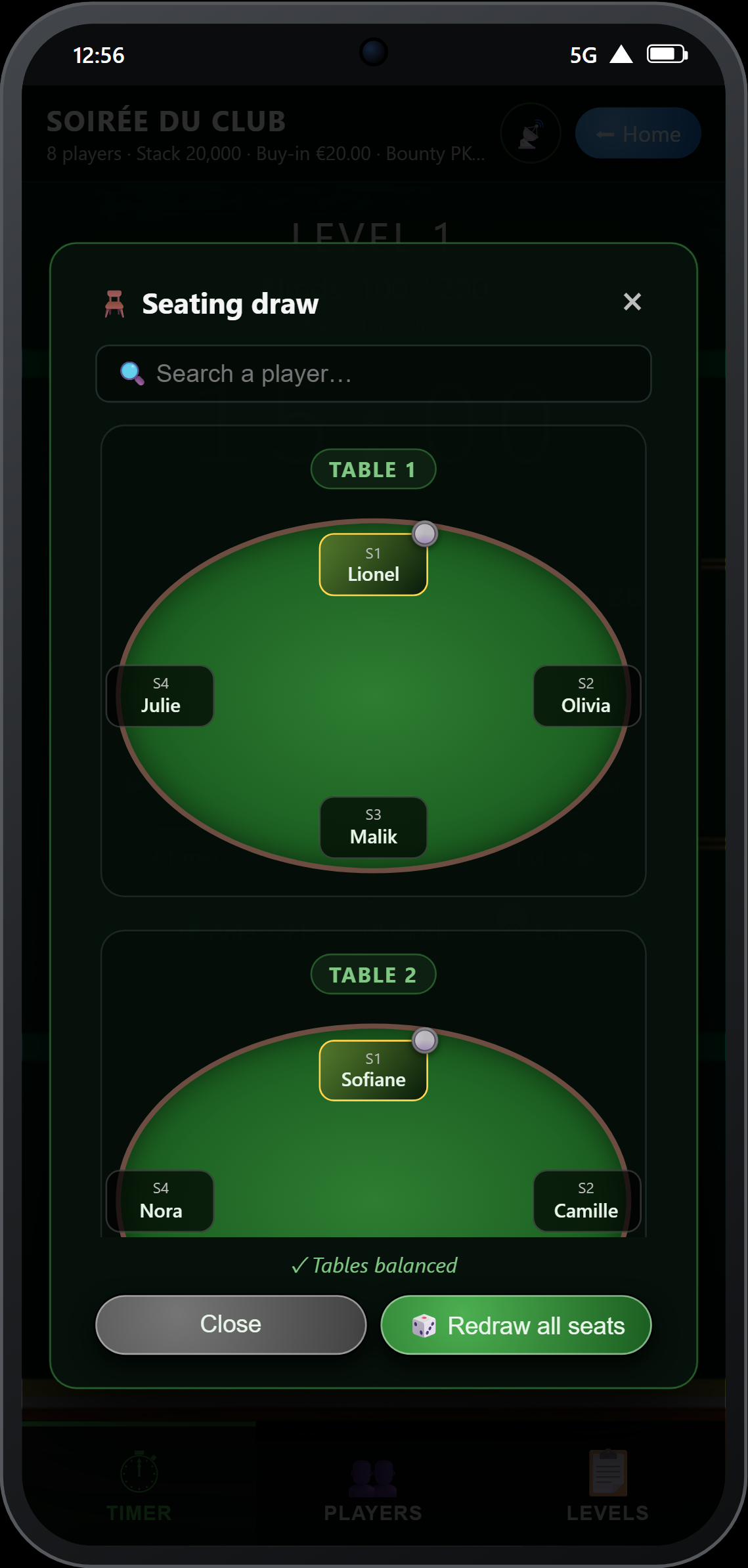 Table layout — 3 visual tables with seats and dealer