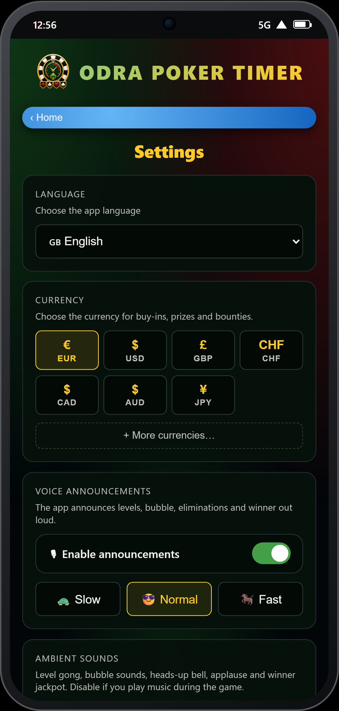 Settings — voice announcements toggle and speed