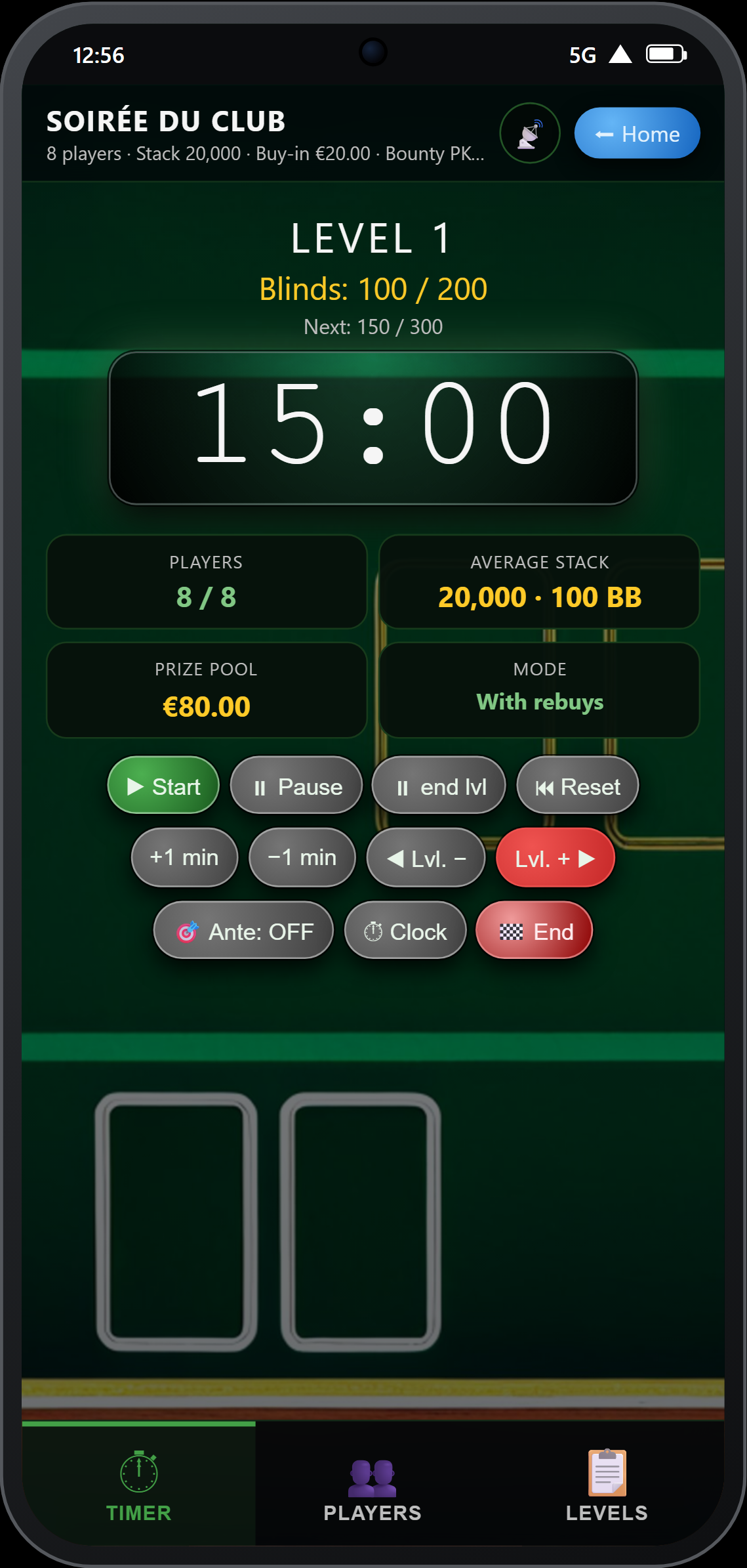 Timer mid-tournament — Classic Green theme