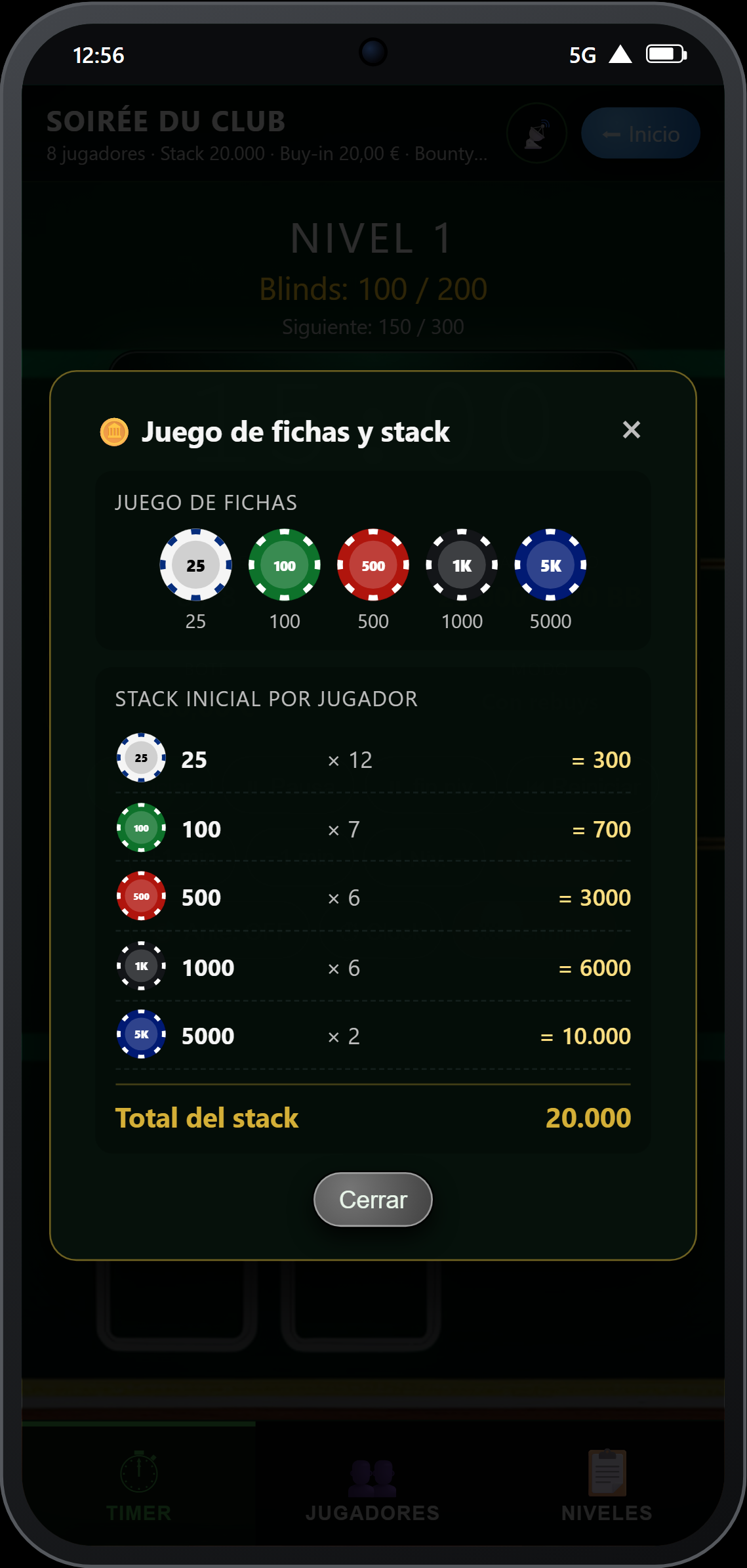Consulta del set de fichas y del stack inicial durante el torneo