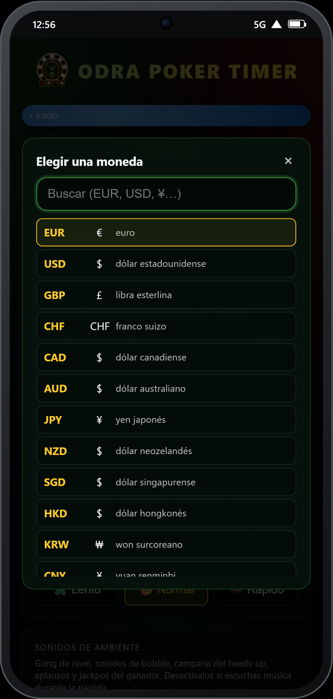 Selector de divisa en los ajustes