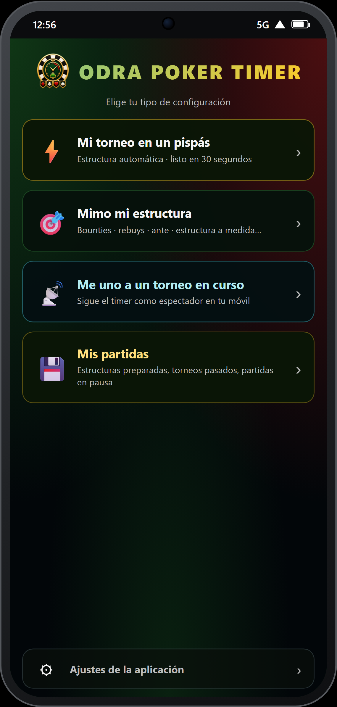 Pantalla de inicio — 4 casillas de acción