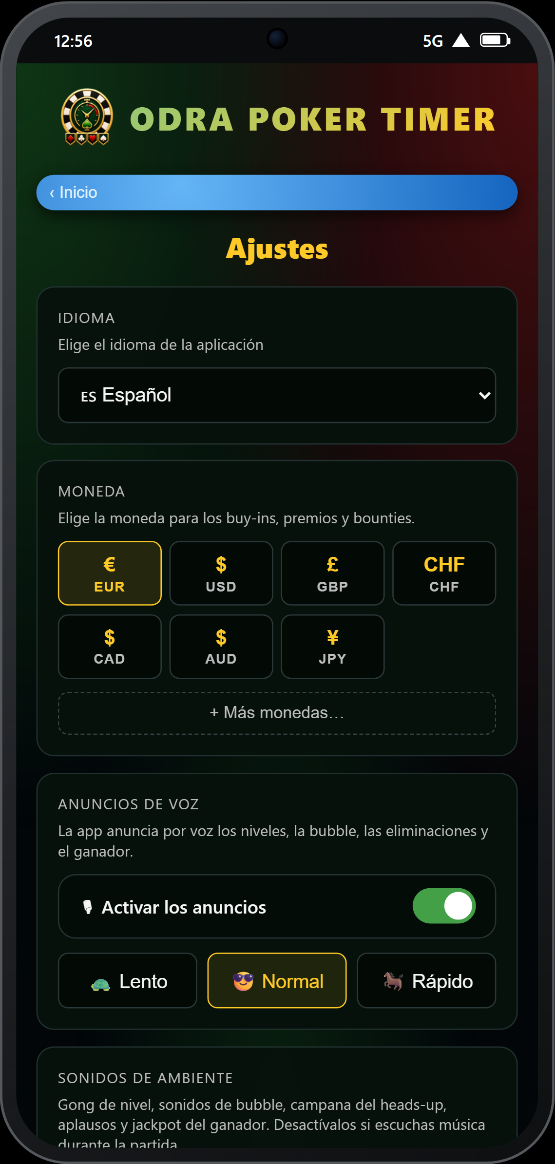 Ajustes — interruptor de anuncios de voz y velocidad