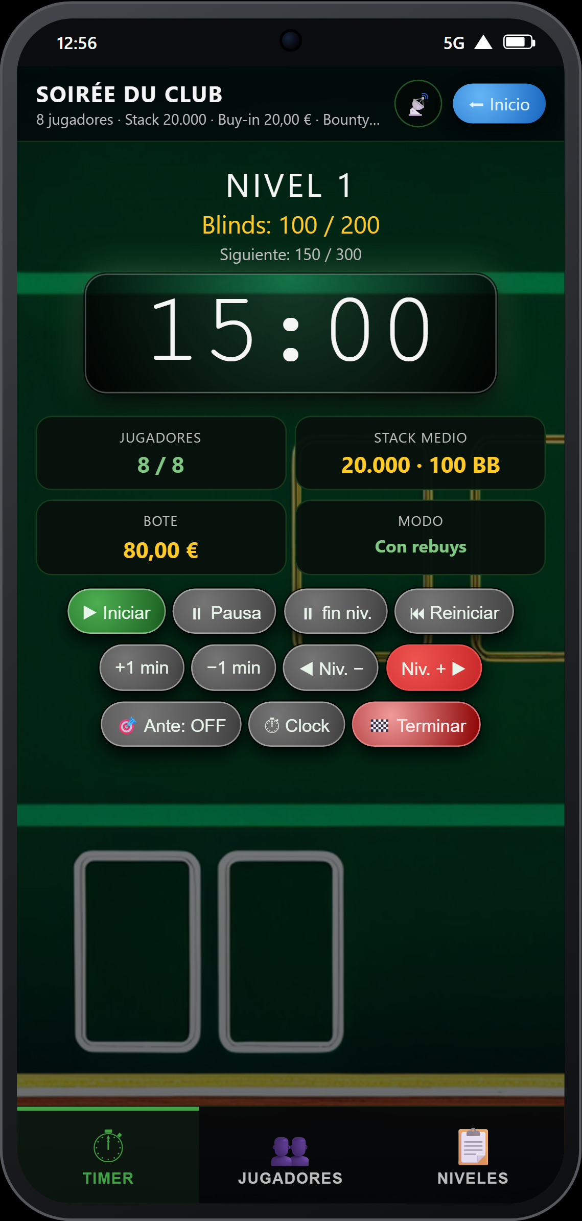 Temporizador en pleno torneo — ambiente Classic Green