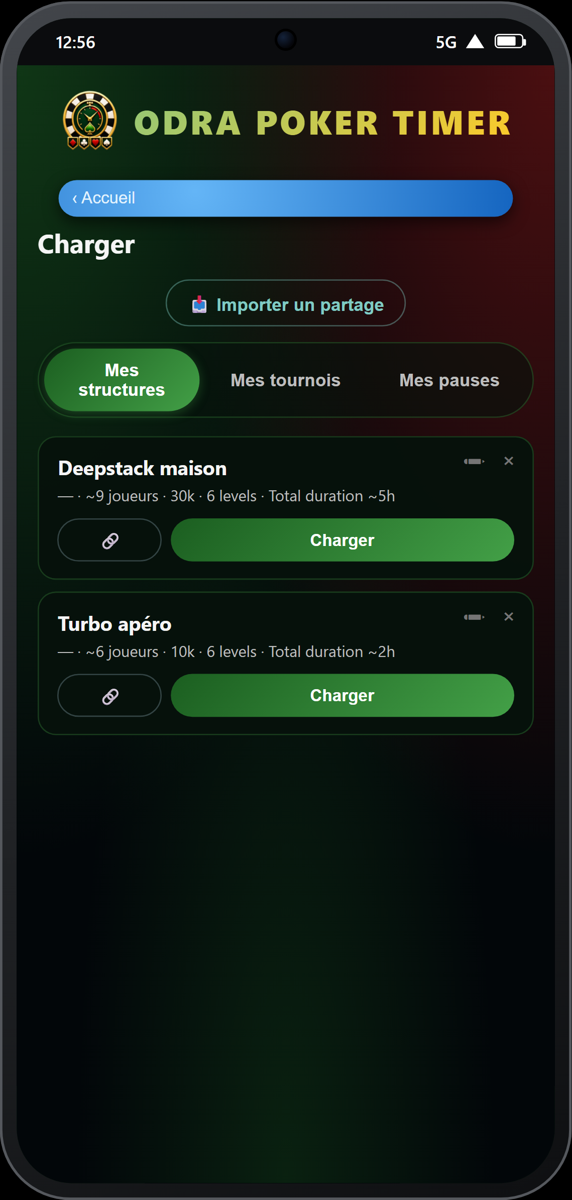 Page Charger — 3 onglets : structures, tournois, pauses