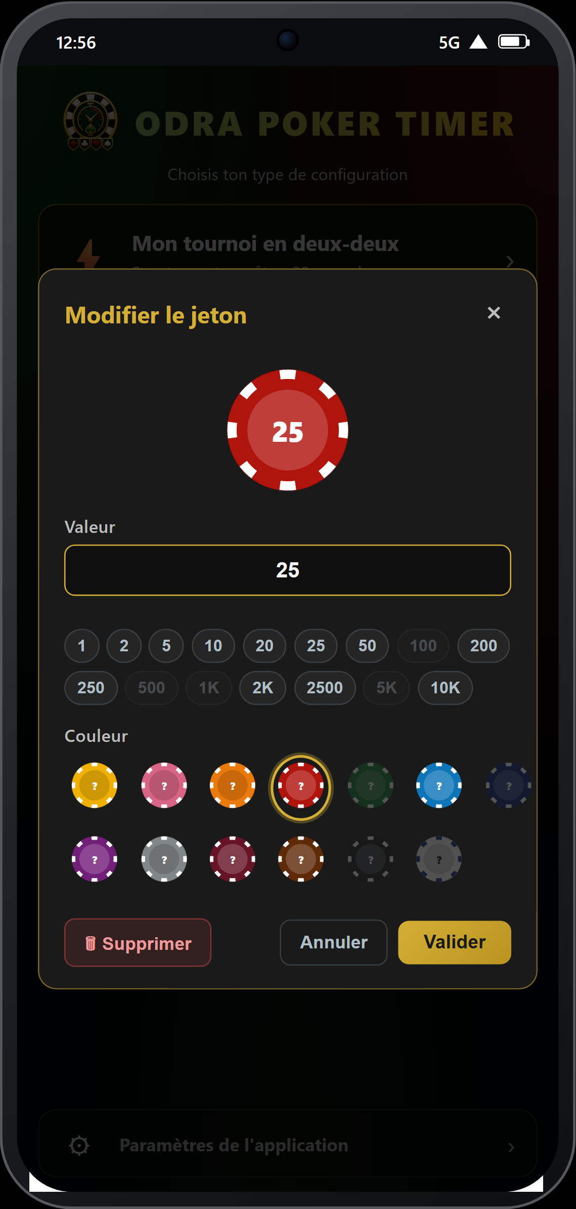 Éditeur de jeton — valeur libre et 13 couleurs disponibles