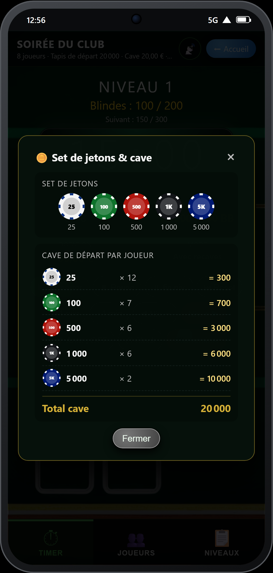 Consultation du set de jetons et de la cave de départ pendant le tournoi