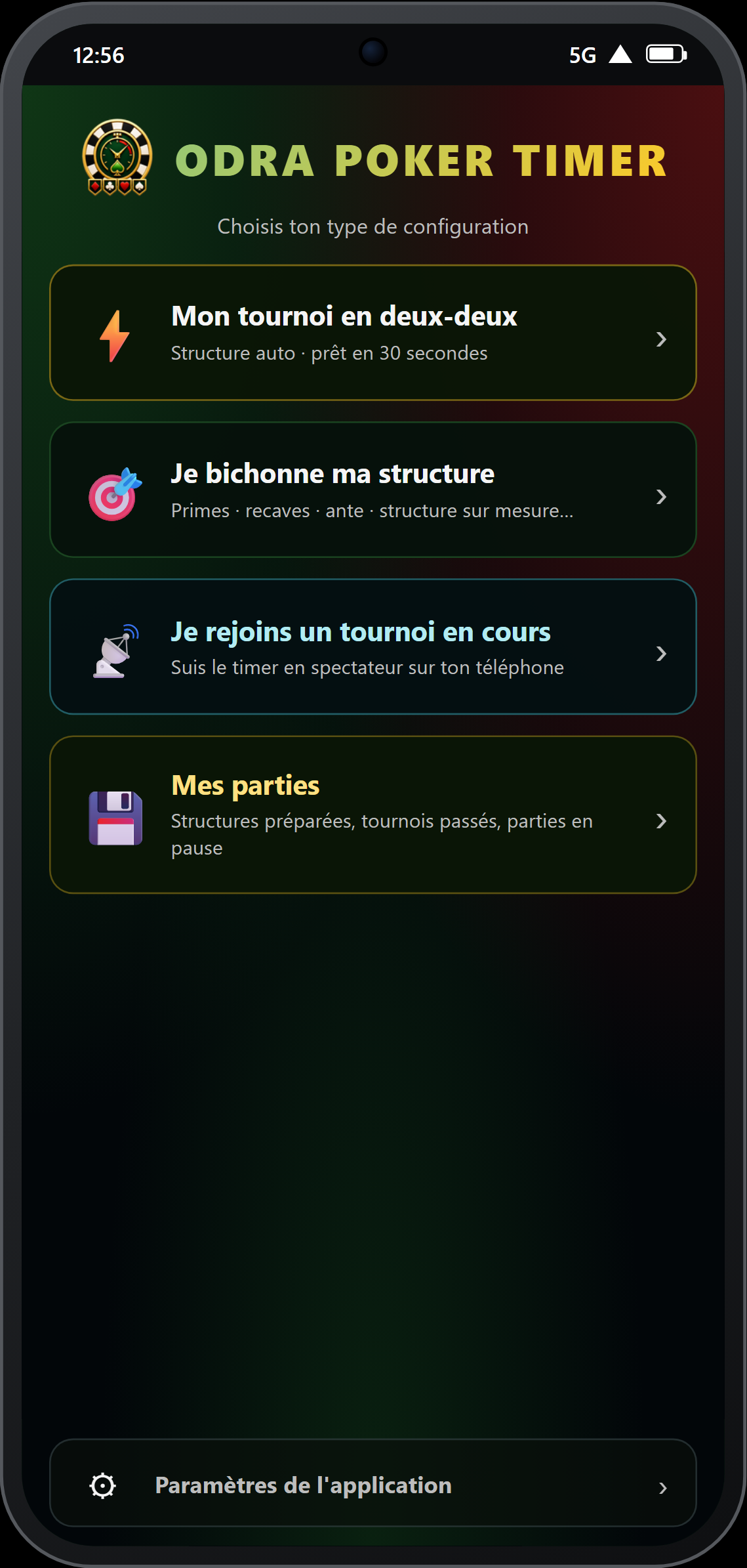 Écran d'accueil — 4 tuiles d'action