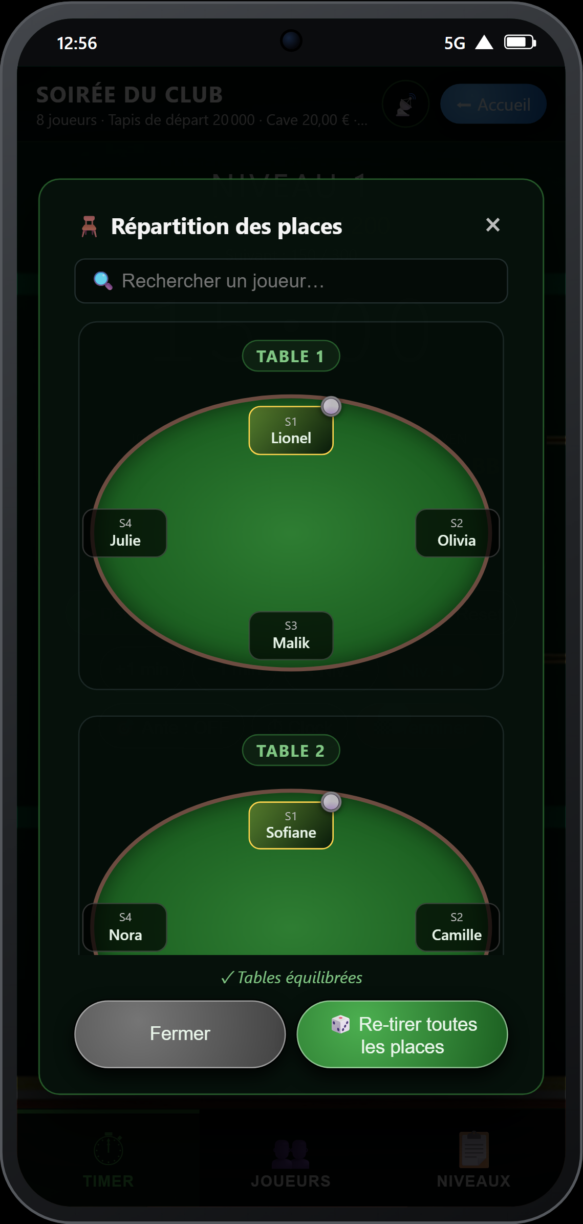 Plan des tables — 3 tables visuelles avec sièges et dealer
