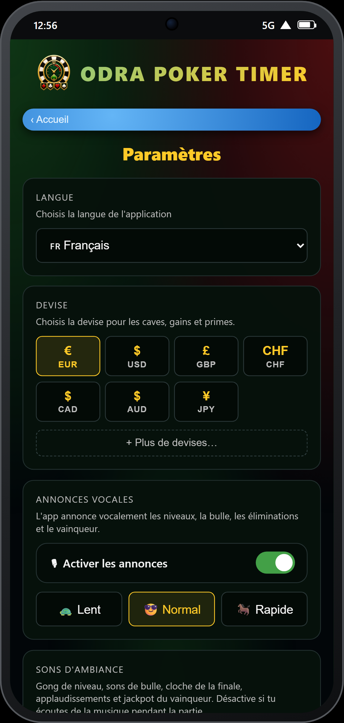 Paramètres — toggle annonces vocales et vitesse
