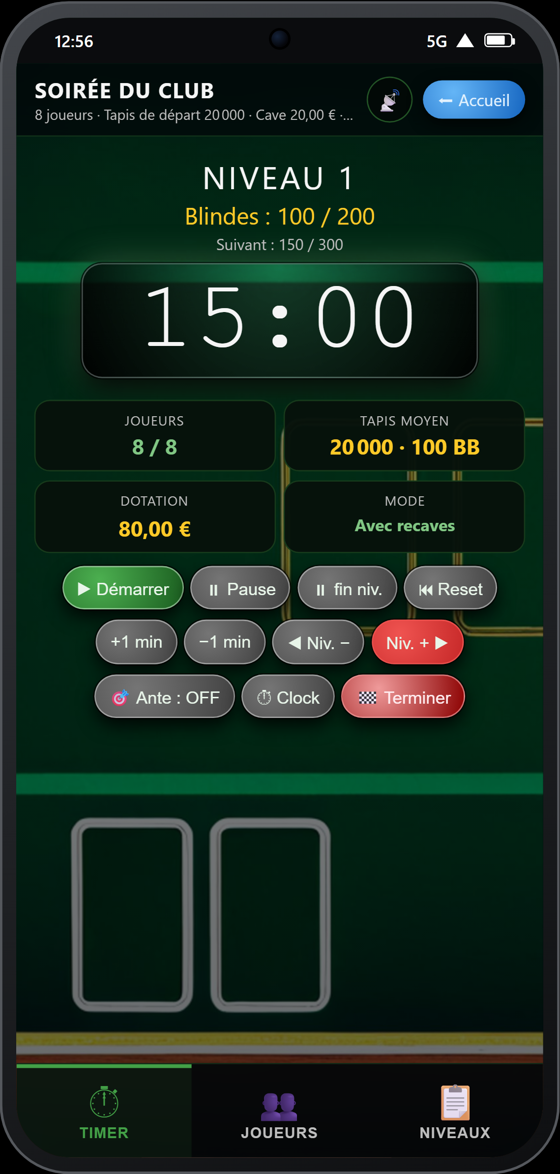 Timer en plein tournoi — ambiance Classic Green