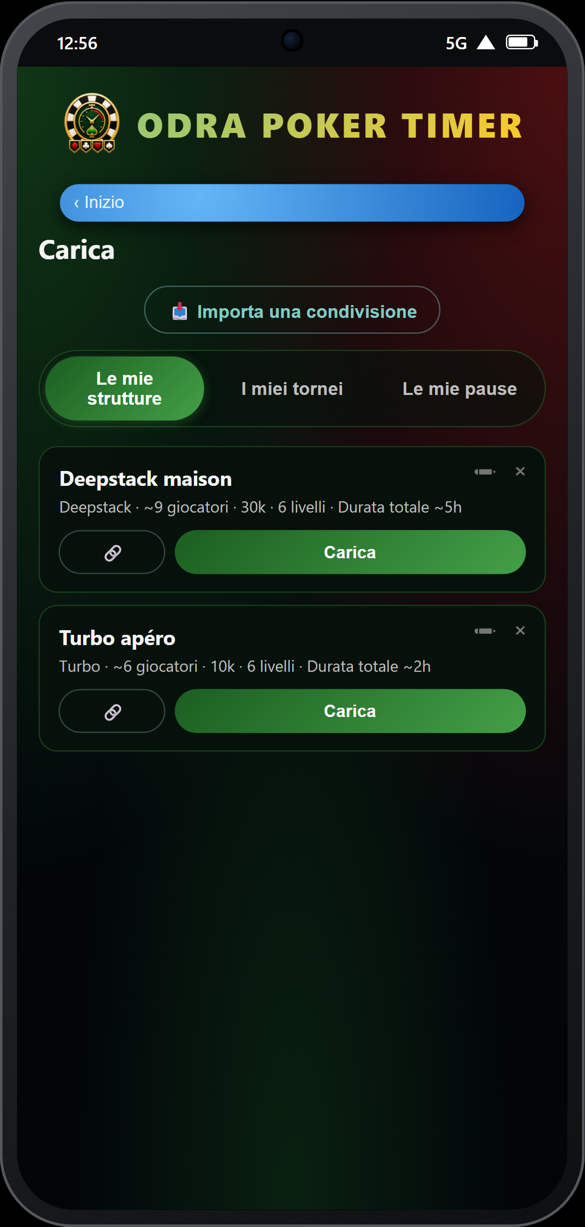 Pagina Carica — 3 schede: strutture, tornei, pause