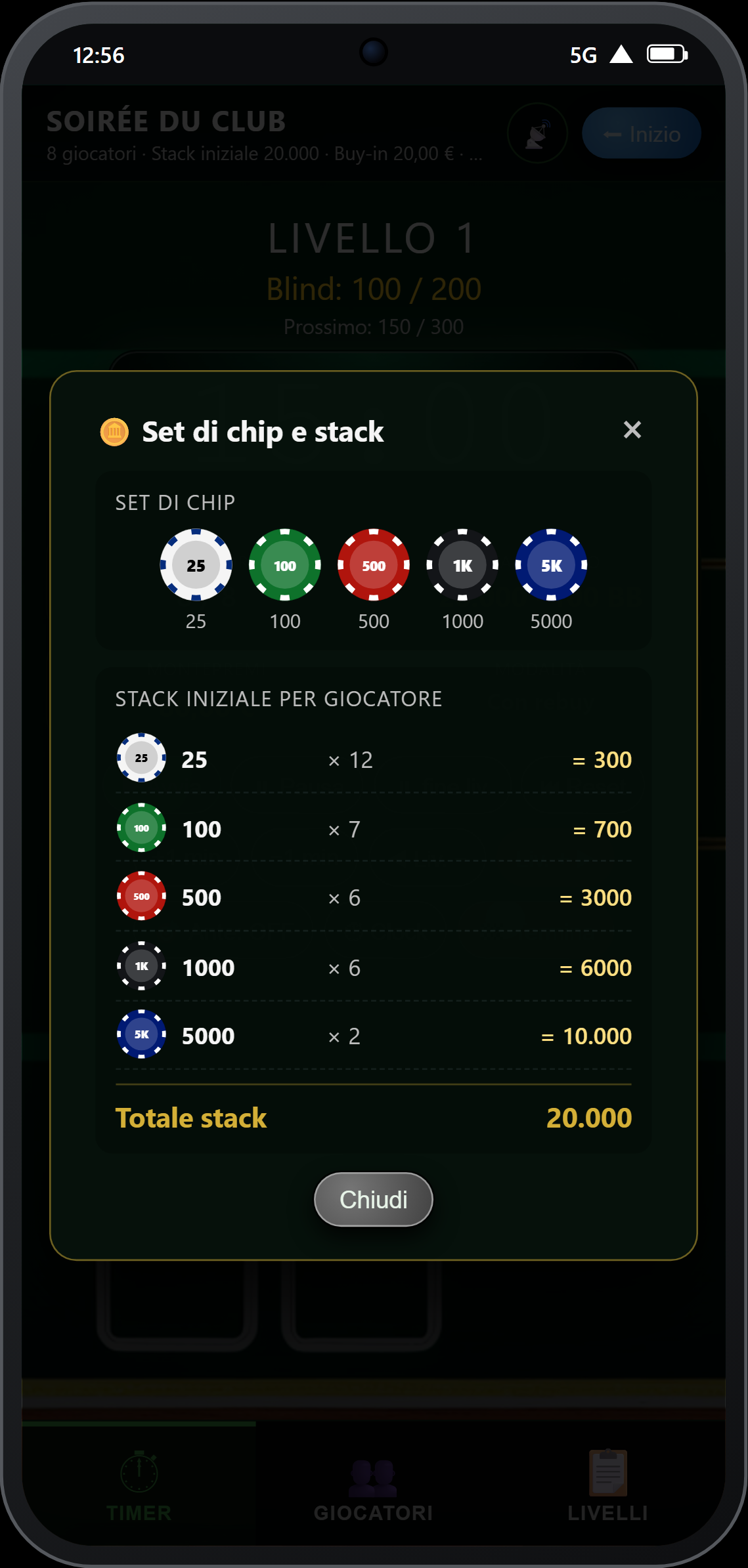 Consultazione del set di chip e della stack iniziale durante il torneo
