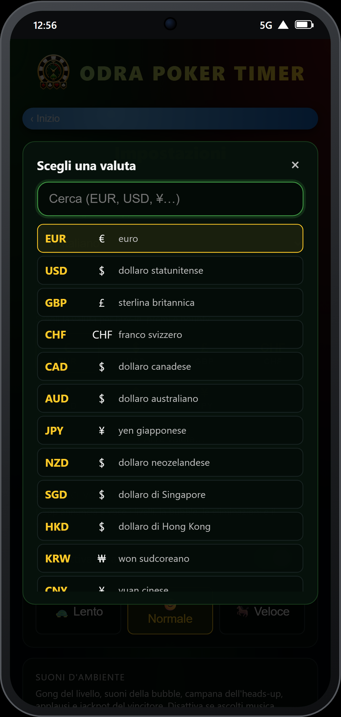 Selettore di valuta nelle impostazioni