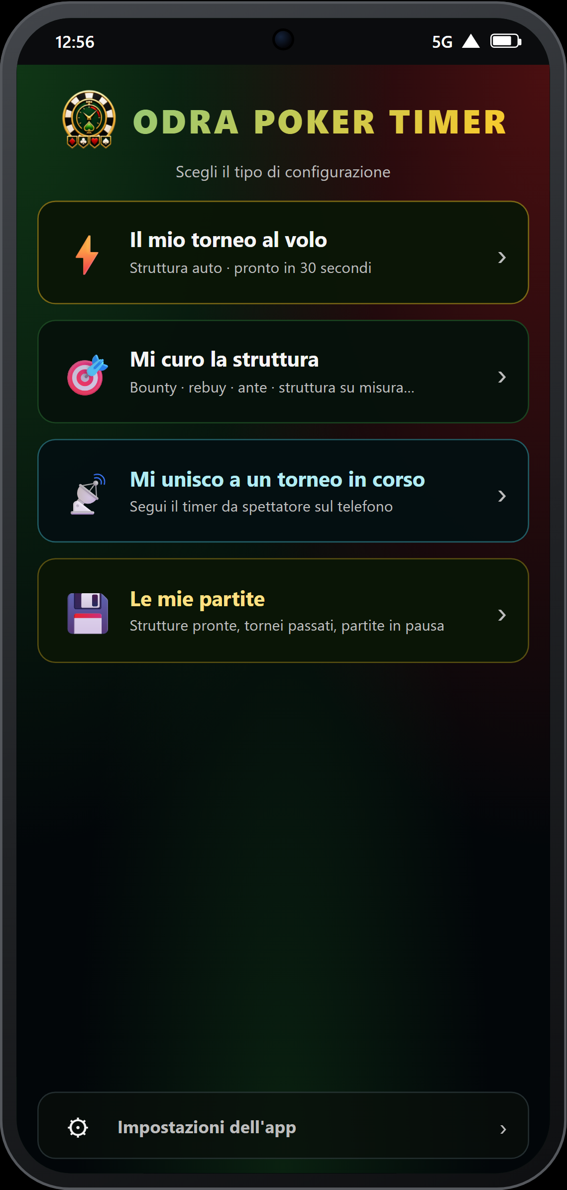 Schermata iniziale — 4 riquadri d'azione