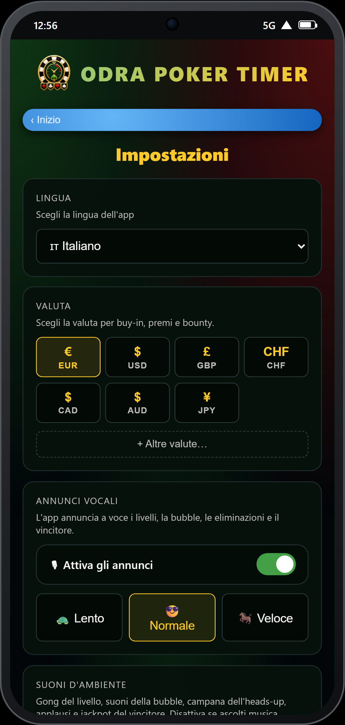 Impostazioni — interruttore annunci vocali e velocità