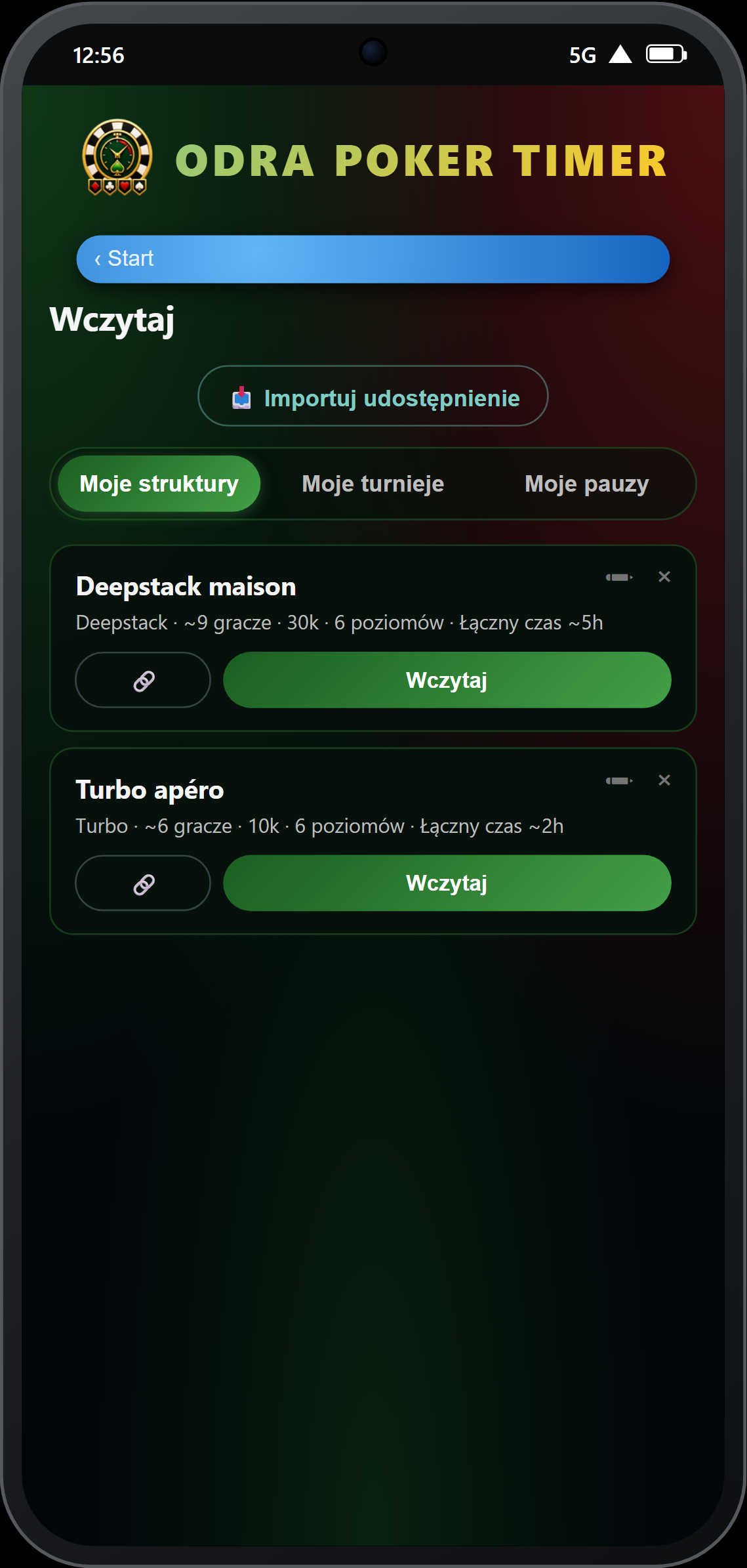 Strona Wczytaj — 3 zakładki: struktury, turnieje, wstrzymania