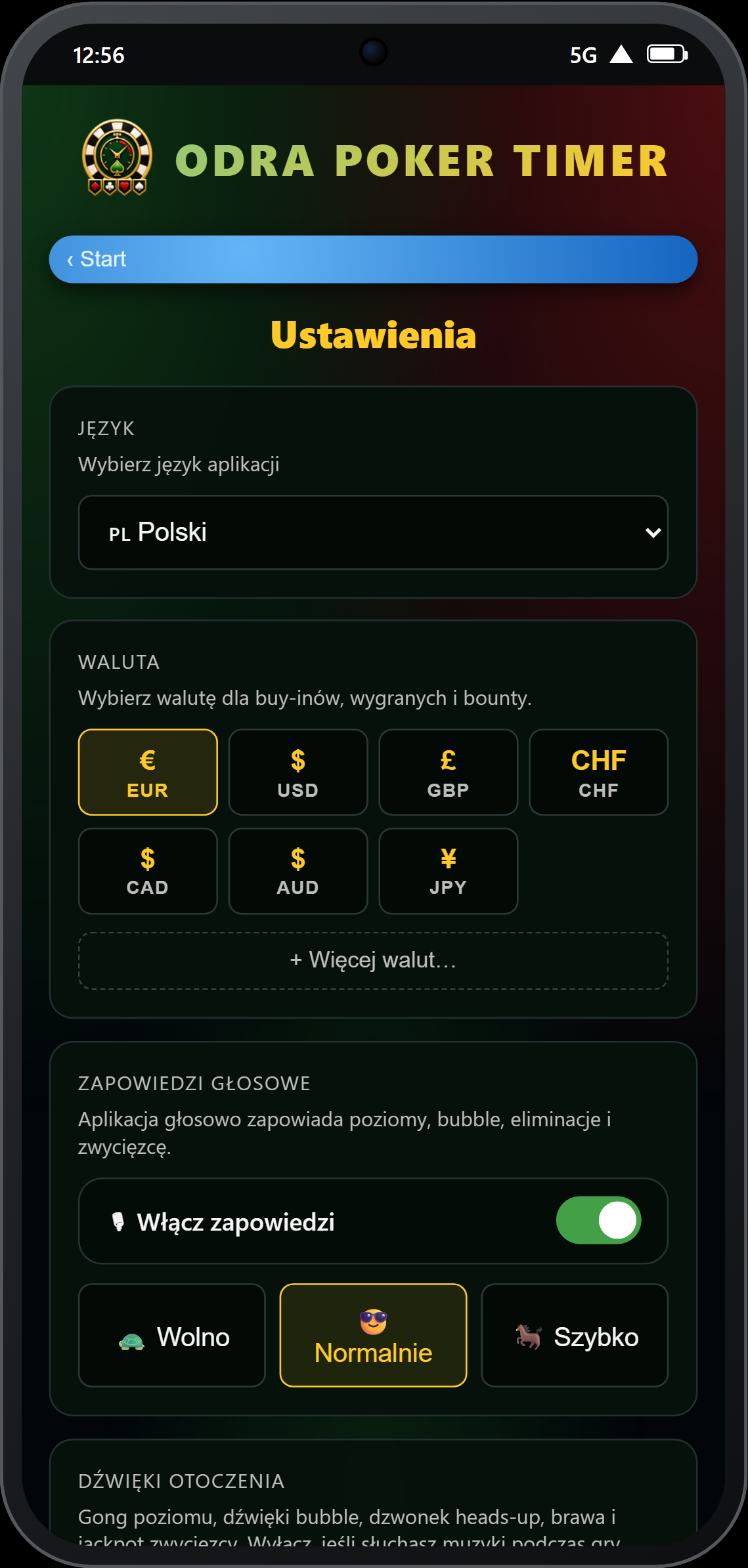 Ustawienia — przełącznik zapowiedzi głosowych i prędkość