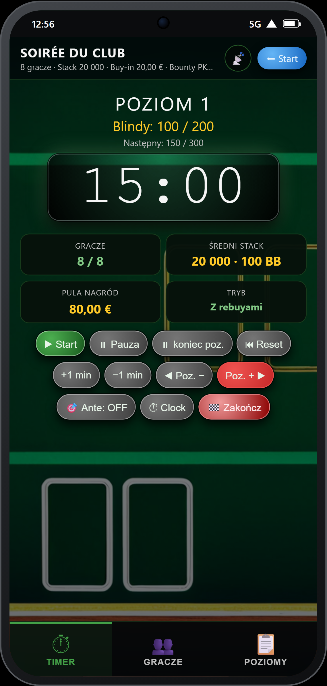 Timer w trakcie turnieju — motyw Classic Green