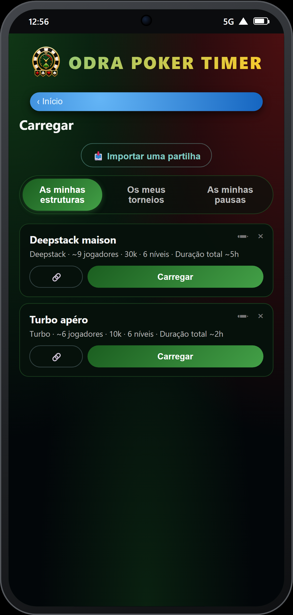 Página Carregar — 3 separadores: estruturas, torneios, pausas