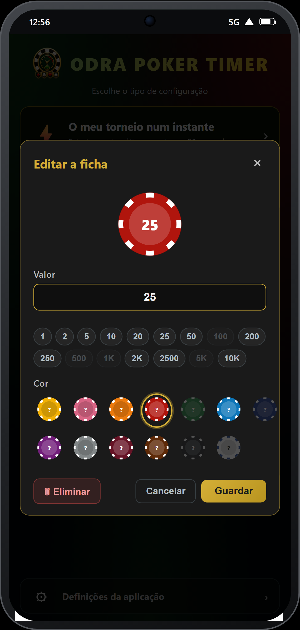 Editor de fichas — valor livre e 13 cores disponíveis