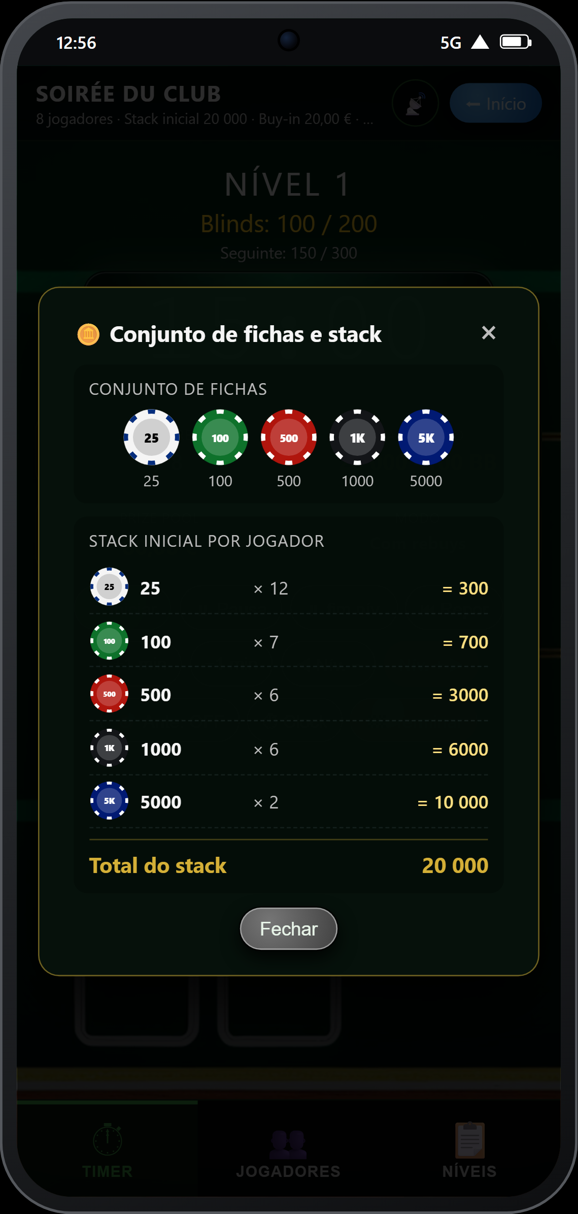Consulta do conjunto de fichas e da stack inicial durante o torneio