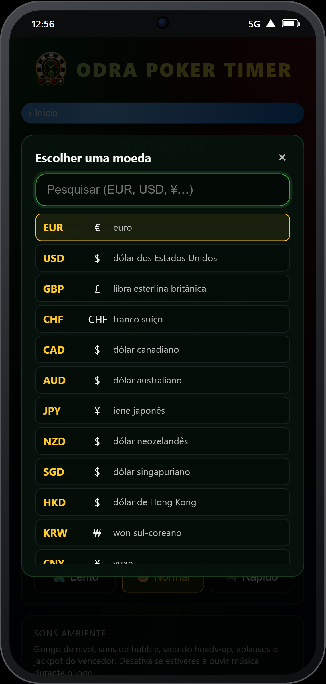 Seletor de moeda nas definições