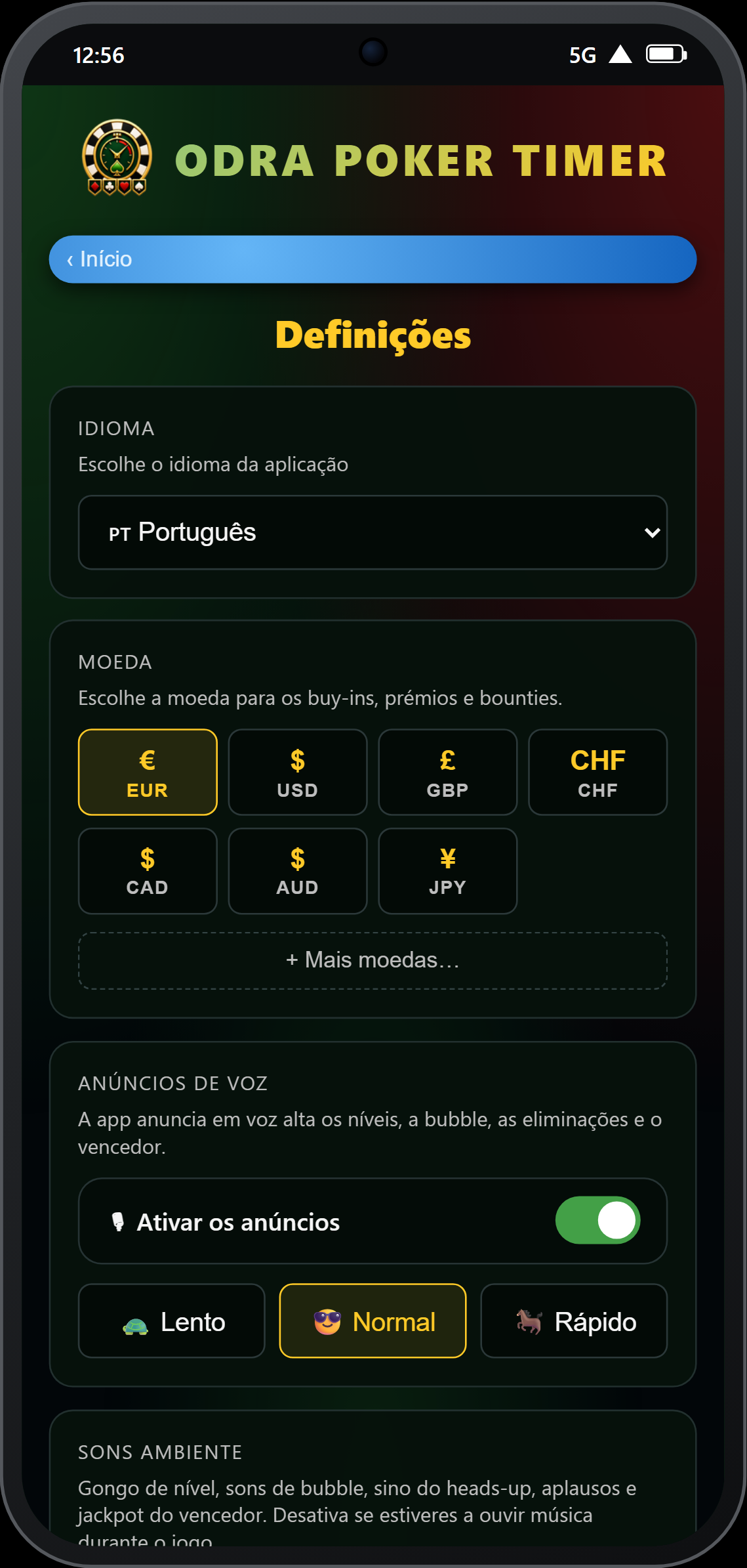 Definições — interruptor de anúncios por voz e velocidade