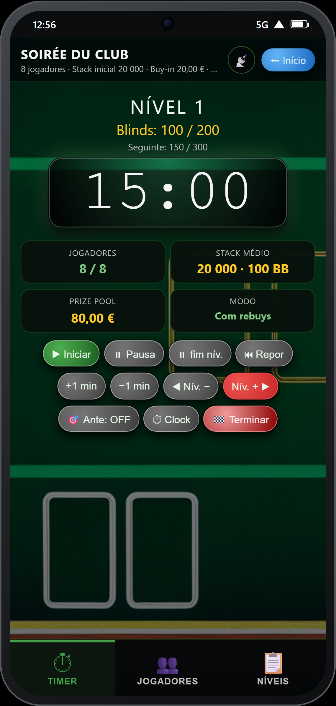 Timer em pleno torneio — ambiente Classic Green