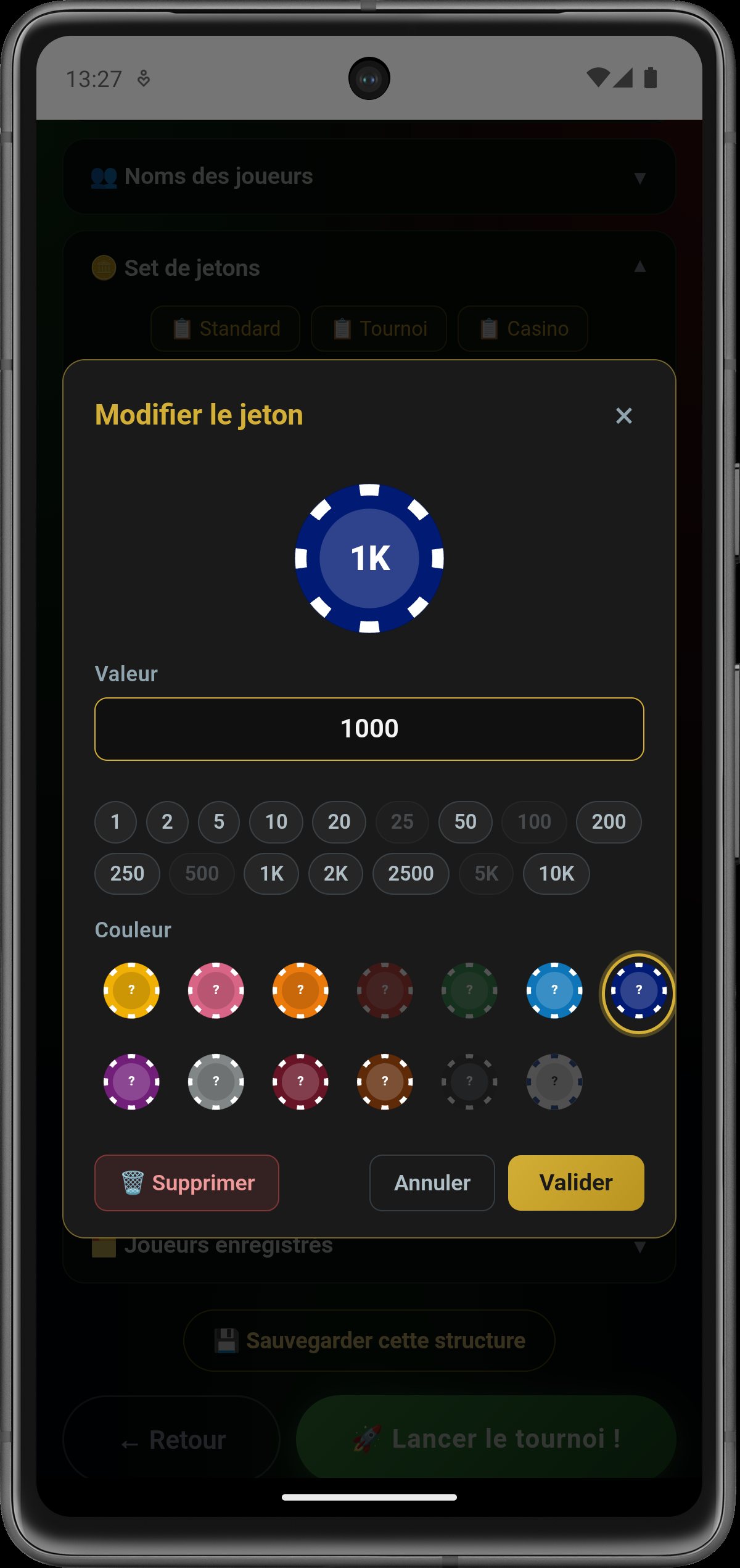 Éditeur de jeton — valeur libre et 13 couleurs disponibles