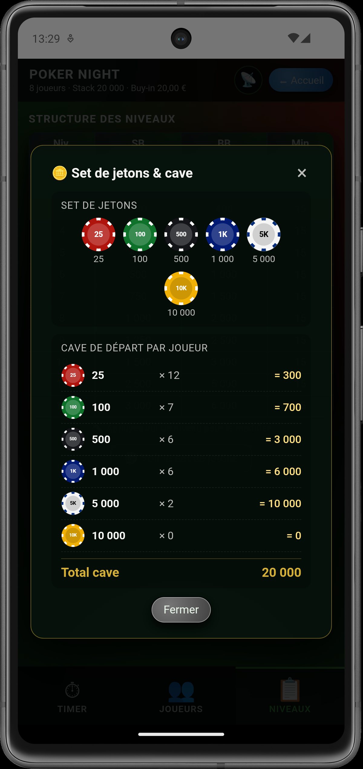 Consultation du set de jetons et de la cave de départ pendant le tournoi