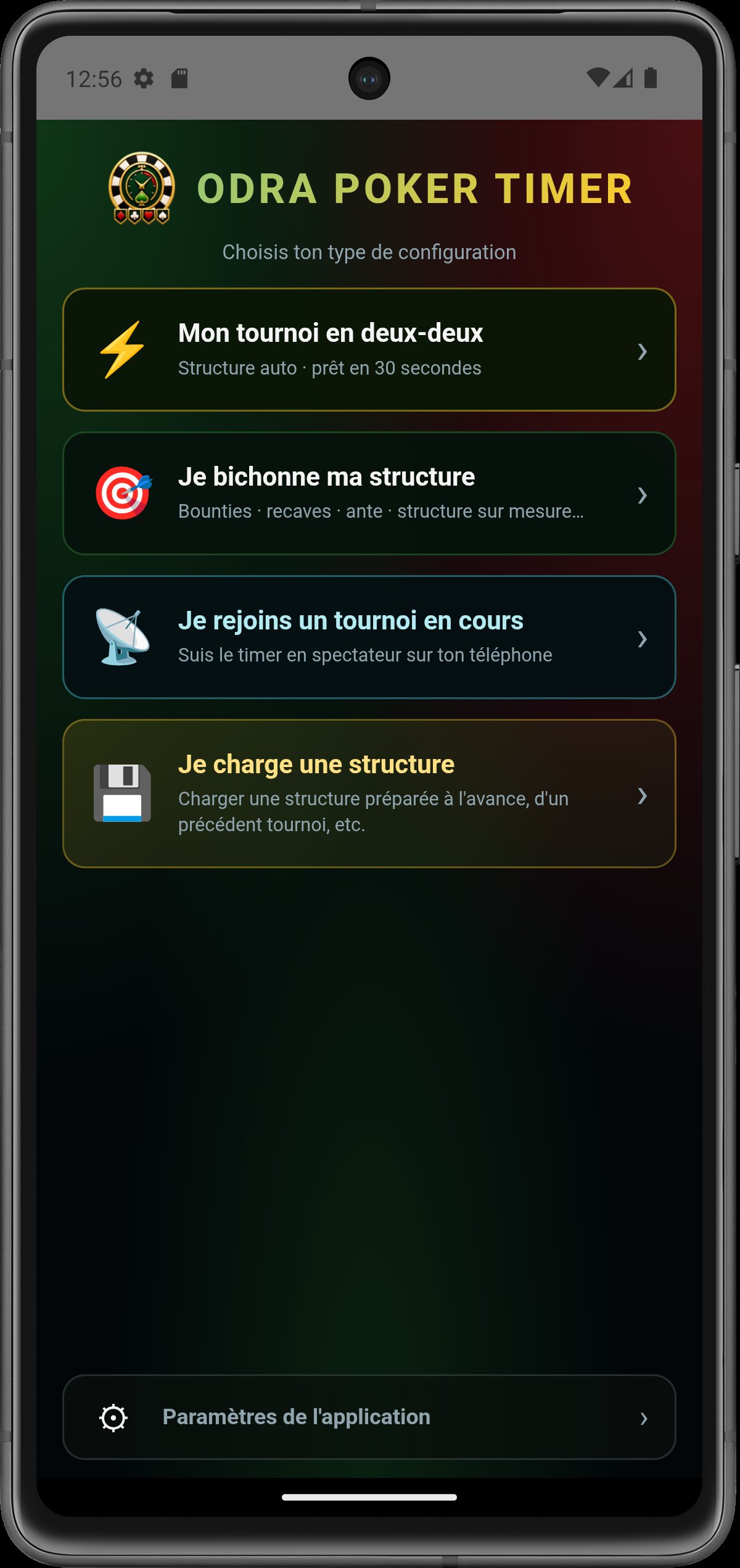Écran d'accueil — 4 tuiles d'action
