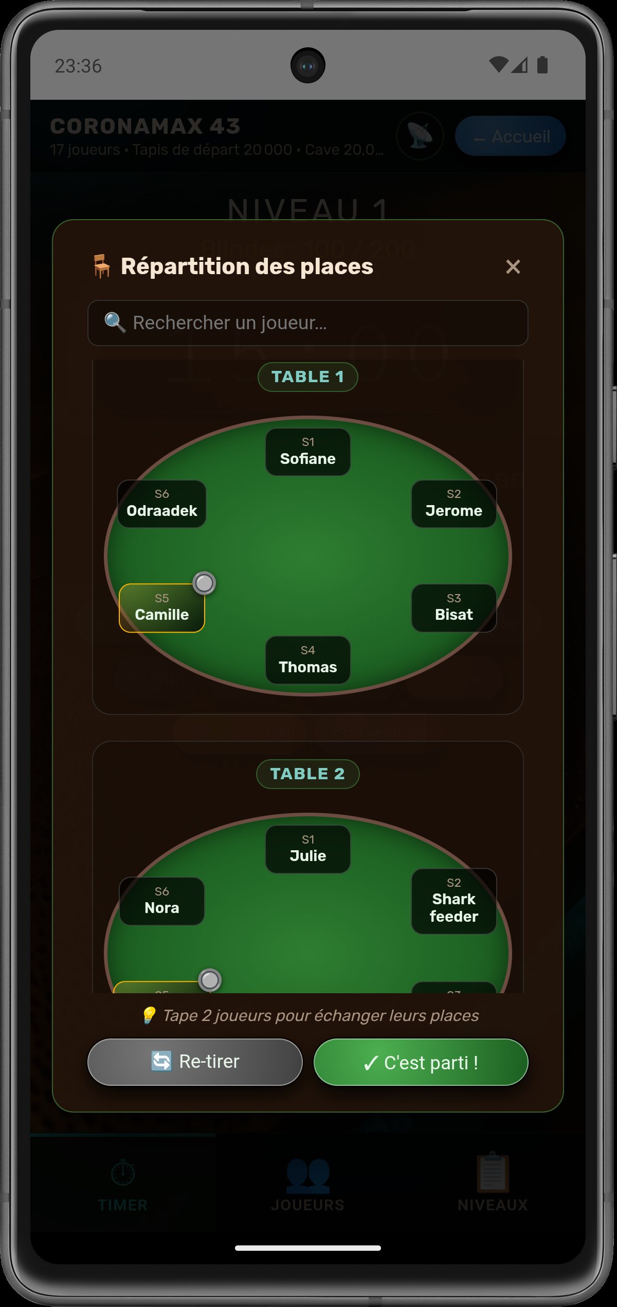 Plan des tables — 3 tables visuelles avec sièges et dealer