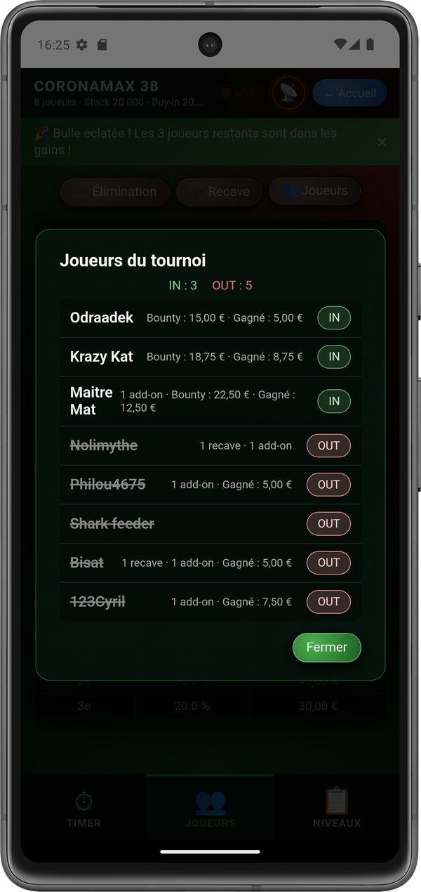 Modale joueurs IN/OUT