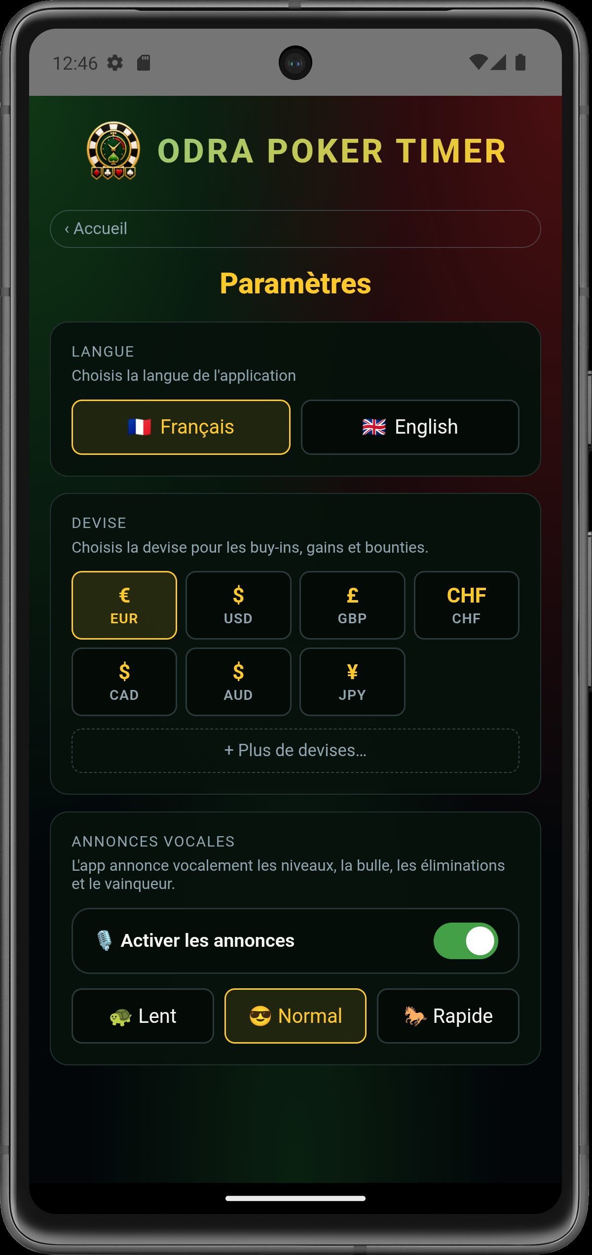 Paramètres — toggle annonces vocales et vitesse