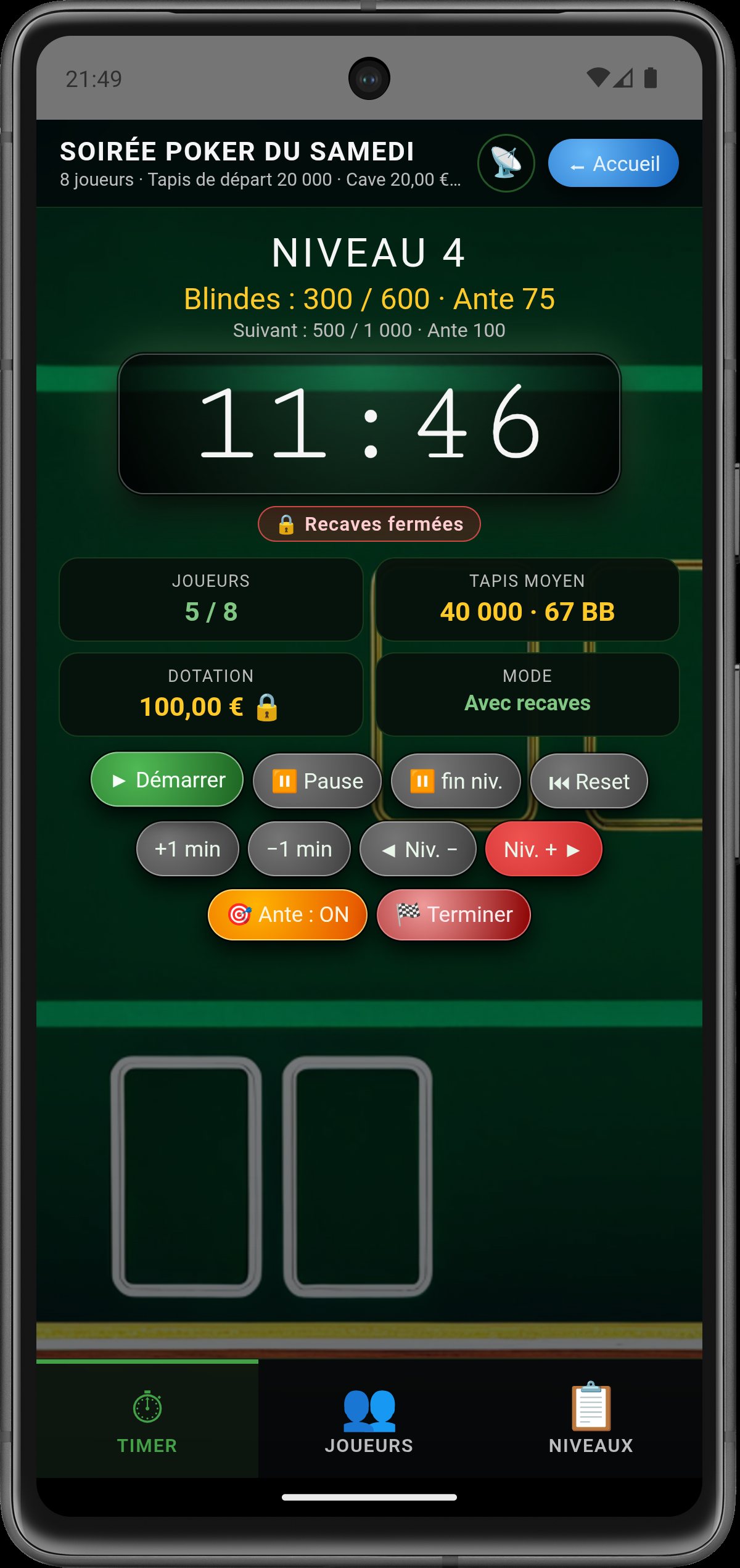 Timer en plein tournoi — ambiance Classic Green